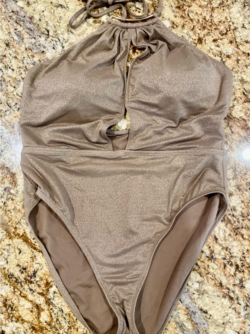 Kenneth Cole New York Gold Shimmer Swimsuit Halter Tie Neck Keyhole Front XL